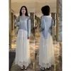 Design de Botão nas Costas Seda Brilhante Manga Longa Blusa Top Saia de Renda Conjunto de Duas Peças Feminino Verão Novo terno