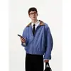 Otoño 2024 Nuevo Retro Holgado Color de Contraste Cuello de Cuero Chaqueta de Cuadros Azules para Hombre La Más Fácil de Combinar Hombrera Superior Tendencia