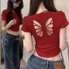 Hot Girl Butterfly Hollow-out Manga curta Peito Pad Design Verão Exterior T-shirt Bordado Slim-fit All-match Cropped Top