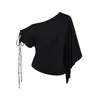 Ropa de mujer al por mayor transfronteriza 2026 otoño top asimétrico off-shoulder de deseo puro con diseño de cordón camiseta off-shoulder de manga corta