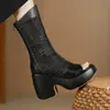 10,5CM Salto Super Alto Plataforma Grossa Botas Respiráveis Frescas de Temperamento Preto Fashion Todas as Ocasiões Zíper Botas Longas Vazadas de Tela