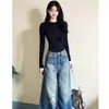 Camiseta Básica de Color Sólido para Mujer con Hombro Derecho para Otoño e Invierno, Ajustada, Adelgazante, de Manga Larga con Cuello Redondo, Top Negro