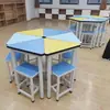 Mesas de leitura de arte para escola: mesas hexagonais de mosaico coloridas, mesas trapezoidais, mesas combinadas em leque, mesas longas móveis, mesas triangulares.