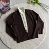 Cárdigan de estilo retro americano con cuello de solapa, suéter de dos piezas falso para hombres y mujeres, chaqueta de punto casual simple y holgazana para pareja, estilo commuter