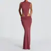 Vestido Feminino Elegante Versátil Gola Alta Sem Mangas Banquete Slim Fit Design Vazado Sexy Ins Revela Cintura Costas Longo