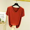 Camiseta base de modal estilo coreano para mulheres, corte solto, plus size, manga curta, adequada para usar em camadas, nova blusa primavera/verão, camiseta lisa, camiseta com decote V