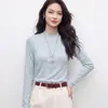 Camiseta Básica Feminina com Mistura de Lã Tencel 2026 Nova Início de Outono Gola Alta Redonda Solta Manga Longa Top Camiseta para Mulheres