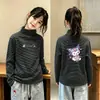 Camiseta Base Feminina de Veludo Alemão Dupla Face Outono/Inverno Novo Estilo Bebê Listrada Gola Meia-alta Top Outono/Inverno Roupa Íntima Manga Longa