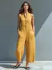 Mono Casual Transfronterizo Europeo y Americano para Mujer, Sencillo, Mezcla de Lino, Botones, Sin Mangas, Cuello Alto, Pierna Ancha, Cargo