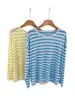 26 Camisa de Lino y Tencel para Mujer, Estilo Perezoso Rayas Bloques de Color, Protección Solar para Principios de Otoño, Top Holgado de Cuello Redondo 1513 Siyuan