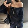 Camiseta de Modal con Hombro Oblicuo Suelta de Manga Larga para Otoño e Invierno para Chicas Atrevidas, Capa Interior Sencilla, Top para un Look Adelgazante