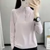 Blusa feminina de manga comprida de secagem rápida 2026 nova primavera-verão cor sólida gola alta absorção de suor esportes ao ar livre leve toque fresco