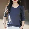 26 Verano Nuevo Estilo Manga Tres Cuartos 100% Algodón Tejido Camiseta, Cuello Redondo, Estilo Coreano, Color Sólido, Top Básico, Hombro Normal, Top Simple para Mujer