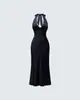 Vestido Longo Europeu e Americano Transfronteiriço para Mulheres, Estilo Férias, Sexy, Cintura Marcada, Gola Halter, Costas Abertas com Amarração, Patchwork de Bolinhas