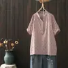 Coleção de Verão 2026: Camisa Feminina Pulôver Estampado de Manga Curta, Gola V, Meio Botão, Estilo Artístico, Soltinho