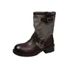 Botines Cortos de Bloques de Color Retro para Mujer 2026 Nuevo Otoño Tacón Grueso Hebilla Botas Martin Arrugadas Apiladas Botas de Montar Tendencia
