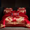 Juego de cuatro piezas para boda, todo algodón, festivo, diseño de dragón y fénix, ropa de cama de algodón puro para bodas, recién casados y parejas recién casadas, con una funda de edredón rojo brillante