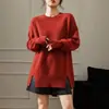 Suéter de tricô casual com gola redonda para mulheres, espessado, com fenda, cor sólida, caimento solto, top feminino moderno estilo coreano
