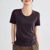 Camiseta de Manga Curta com Gola Tu de Linho Lyocell para Mulheres 26 Verão Ombro Normal Manga Curta Levemente Franzida Caimento Regular 1688 Top