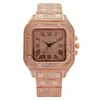 Relógio Feminino de Quartzo Quadrado com Strass Integral, Pulseira de Metal Dourada, Numerais Romanos, Bling, Moda, Relógio de Pulso Feminino
