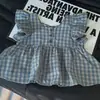 Camisa de Verano a Cuadros de Moda para Niña con Mangas Acampanadas Cortas, Camisa Estilo Bosque para Bebé Niña, Top Dulce con Mangas Acampanadas