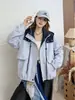 Jaqueta casual com capuz color block de alta qualidade para mulheres, 26 novos estilos primavera/outono, corte solto para figuras petites, jaqueta que rejuvenesce para o início do outono