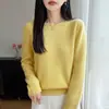 Versátil nova peça única de lã pura para outono e inverno, suéter de tricô feminino de sete agulhas espessado com gola redonda, suéter de lã liso de manga comprida