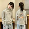 Camiseta Térmica de Manga Larga Base Casual para Niña Otoño/Invierno Nuevo Estilo Cuello Semi Alto Parte Superior Cepillada Ropa Interior Rayada para Bebé
