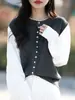 Cardigan Nuevo de Punto para Mujer Primavera 2026 Falso Dos Piezas Bloque de Color Ajustado Elegante Color de Contraste Versátil Prendas de Abrigo