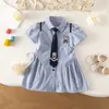 Vestido de Verano Nuevo Estilo para Niñas Estilo Universitario Rayado con Bordado de Conejito de Dibujos Animados Vestido Camisero para Exportación