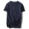 T-shirt de linho estilo chinês homens de manga curta verão sólido cor algodão e linho meia manga V-neck base camisa estilo chinês masculino all-match Top