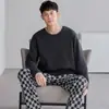 Pijama coreano de algodón puro para hombre, de manga larga y pantalón largo, para otoño e invierno, 100% algodón, cuello redondo, casual, corte holgado, adecuado para usar fuera de casa, conjunto para el hogar