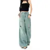 Jeans Rasgados Dopamine para Mujer en Azul-Verde Claro, Corte Ajustado, Pantalones Sueltos de Pierna Ancha, Pantalones Rectos de Tiro Alto, Estilo Chica Caliente Americana