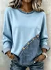 Blusa de ombro a ombro com gola redonda e retalhos em estilo europeu e americano, com carcela assimétrica e detalhes de botões, um look casual de duas peças com moletom