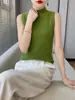 Peça única sem costura de uma linha, gola alta simples, cor sólida lisa, listrada, sem mangas, solta, casual, camisola de tricô 100% lã