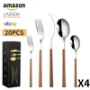Conjunto de talheres de aço inoxidável Amazon 430 para uso transfronteiriço, 20 peças, faca, garfo e colher, cabo de imitação de madeira, talheres ocidentais, faca de bife, garfo e colher
