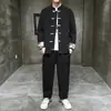 Traje de hombre estilo chino bordado de algodón y lino con botones de nudo chino tradicional, camisa de manga larga retro, camisa casual, talla grande, corte holgado, traje Tang de otoño