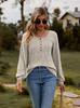 Ropa Nueva Transfronteriza para Mujer 2024 Amazon Camiseta de Manga Larga para Mujer con Cuello Redondo, Rayas de Canalé, Cepillada, Color Puro, Empalme de Botones