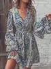 2024 Europeu e americano transfronteiriço outono e inverno nova moda elegante feminina paisley estampado com decote em v manga de chifre vestido
