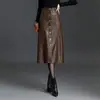 Falda de Cuero de Color Sólido a la Moda para Mujer 2026 Otoño Nueva Versión Coreana Cintura Alta Adelgazante Casual de Longitud Media Falda de Línea A