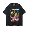 Camisetas versátiles, holgadas, de manga corta, algodón pesado, con estampado de personajes de anime japonés, efecto desgastado, temática de anime variada, disponibles en stock