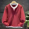Sudadera de punto con mangas largas, estilo dos piezas cosido, para hombre, estilo japonés de otoño e invierno, color liso simple, cuello redondo casual, camiseta básica