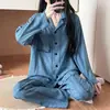 Pijama de Primavera y Otoño para Mujer Nuevo Algodón Nube Manga Larga Solapa Pequeña Manga Larga Pantalón Largo Conjunto Casual para Casa