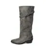 Botas de Cavaleiro com Cor Lavada Femininas Botas Plataforma Outono Inverno Novo Bico Quadrado Salto Médio Grosso Puxar até o Joelho Botas Femininas de Cano Longo