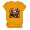 Camiseta feminina da Amazon Wish, transfronteiriça europeia e americana, de caimento solto, com estampas de bezerro de três cabeças, abóbora em carroça e folha de bordo, gola redonda, mangas curtas