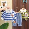 Traje de ropa de primavera para niños 2024 Nuevo Conjunto de dos piezas Polo con cabeza de oso a rayas para bebés y niños, ropa casual de moda para bebés