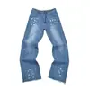 Ga Venta al por Mayor Comercio Exterior Transfronterizo Marca de Moda Jeans de Mezclilla Acampanados Lavados Desgastados Patchwork Unisex