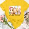 Tamanho Europeu Páscoa Elegante Presente Padrão Estampado "Feliz Páscoa" Roupa Feminina Gola Redonda Manga Curta