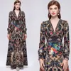 Vestido de Corte Estilo Retro Europeo Estampado de Pintura al Óleo Cuello en V Mangas Largas Tipo Farol Cintura Ceñida Dobladillo Amplio Falda Larga Ropa de Mujer de Comercio Exterior