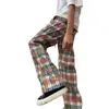 Pantalones a cuadros de arcoíris retro americano para hombre, de verano, holgados, de pierna recta, casual, vintage, de pierna ancha